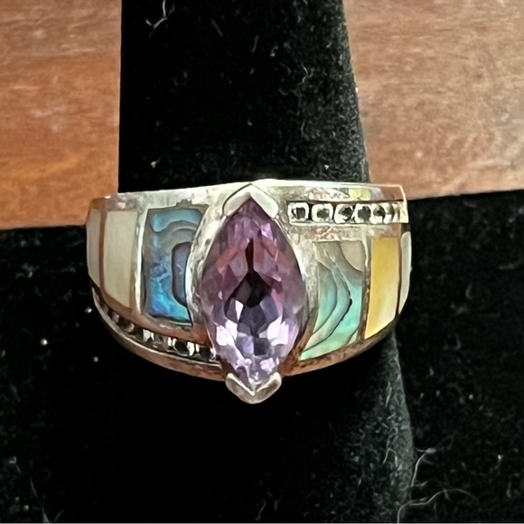 Sterling Silver 925 Marquis Amethyst Abalone Inlay Whitney Kelly Ring EC 9 #331 - Picture 5 of 12